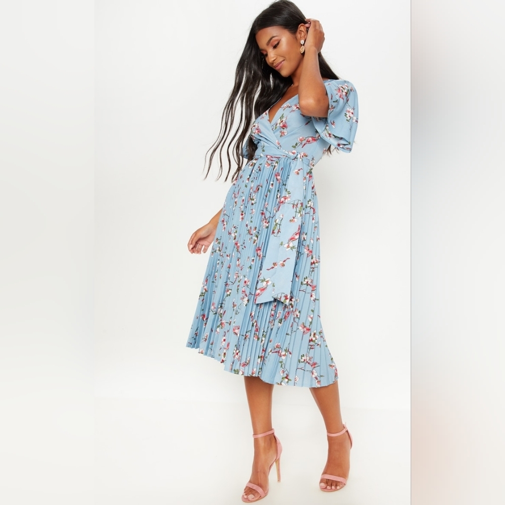 Pretty Little Thing Dusty Blue Floral Wrap Midi Dress